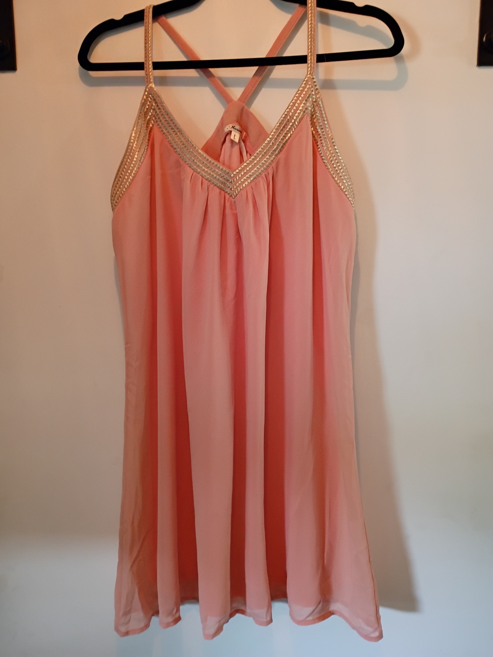 Marineblu Peach Shift Dress intricate metallic gold embroidery trim